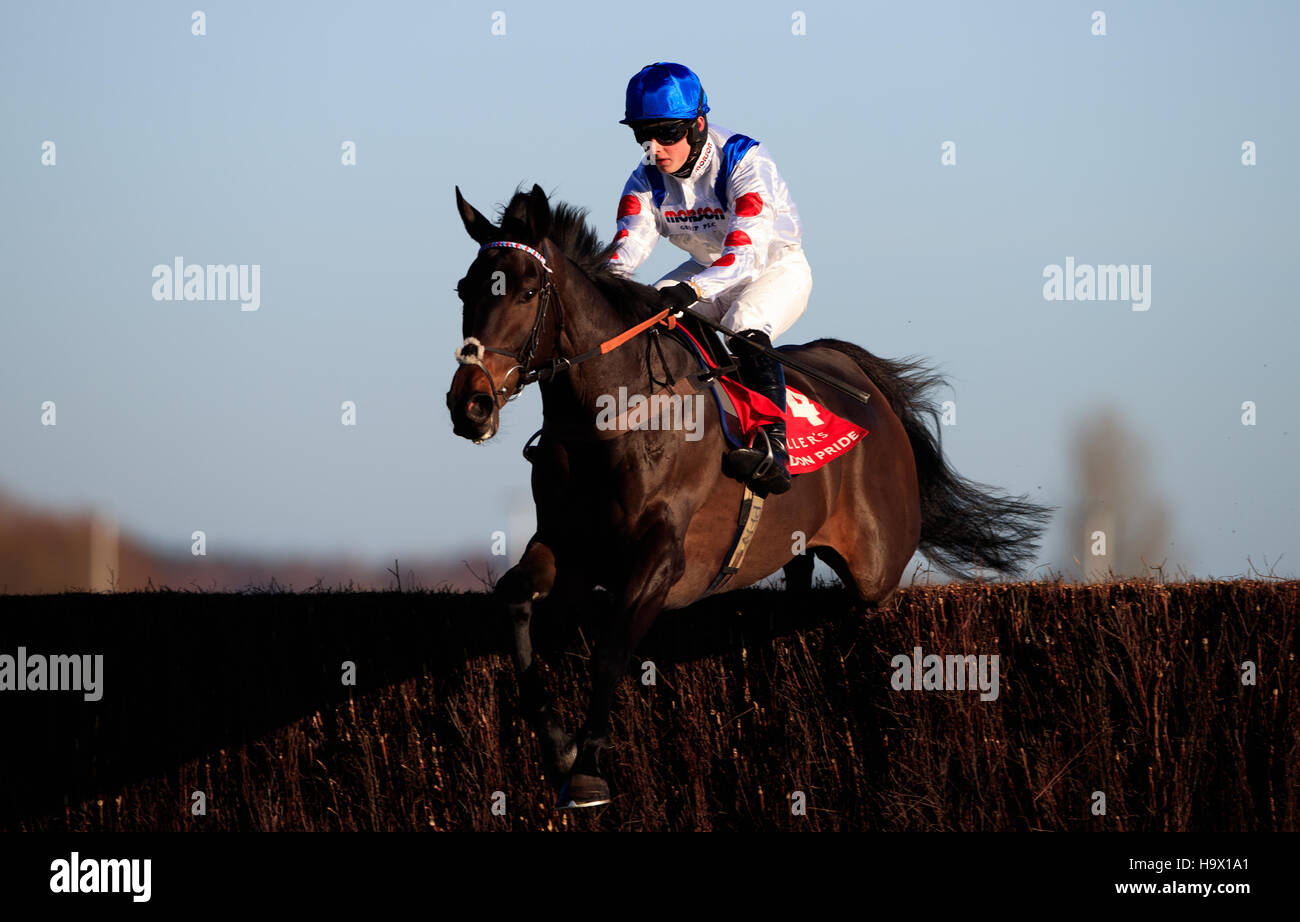 Clan Des Obeaux (white) ridden by Sean Bowen jumps the last on the way to winning The Fuller's London Pride Novices' Chase (Grade 2) (Registered As The Berkshire Novices' Chase) during The bet365 Festival at Newbury Racecourse. Stock Photo