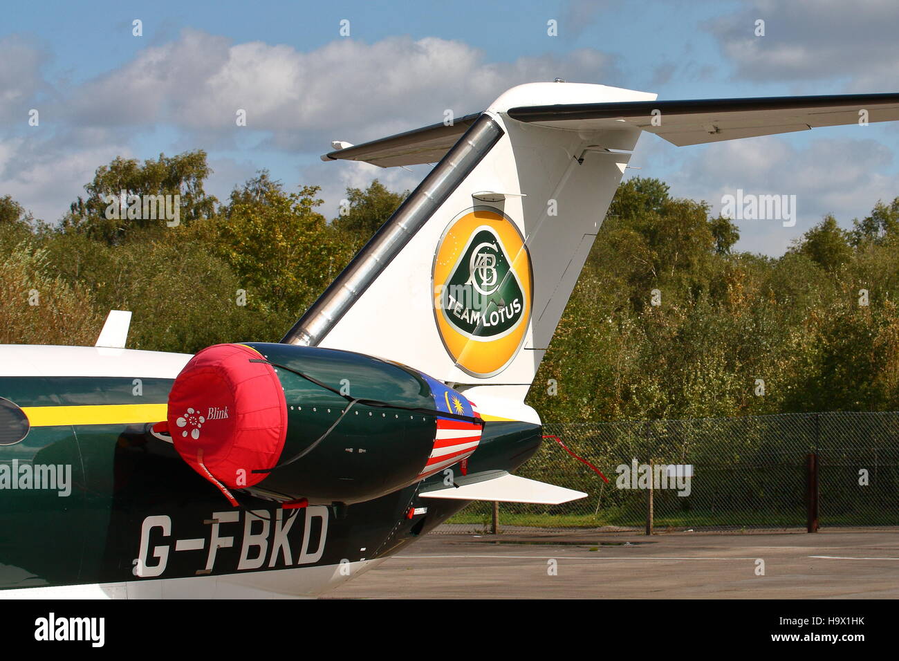 Tail fin of Cessna 510 Citation Mustang of Team Lotus parked at Blackbushe Airport Stock Photo