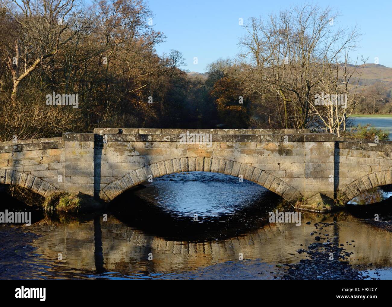 River Calder passes under Lochlip Rd bridge at Lochwinnoch, Scotland