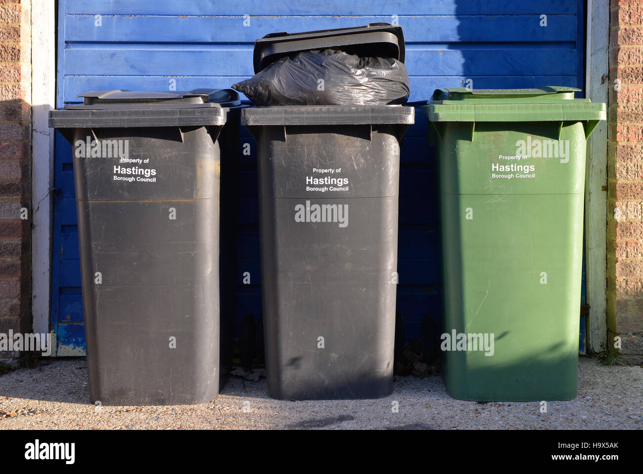 Wheelie bins, Hastings borough council Stock Photo - Alamy