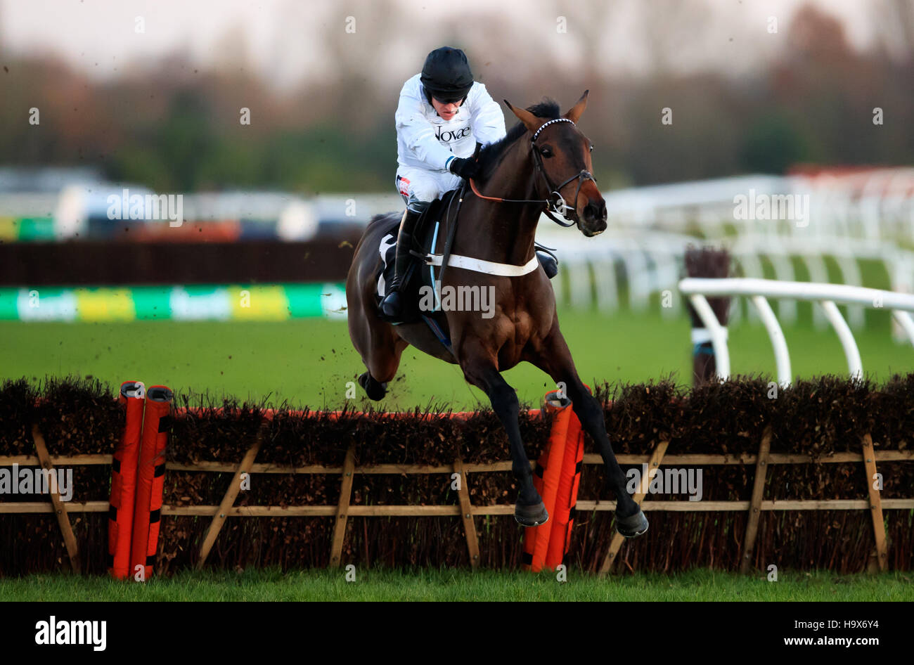 Reigning supreme ridden by Barry Geraghty jumps the last on the way to winning The Bet365 Novices' Hurdle during The bet365 Festival at Newbury Racecourse. Stock Photo