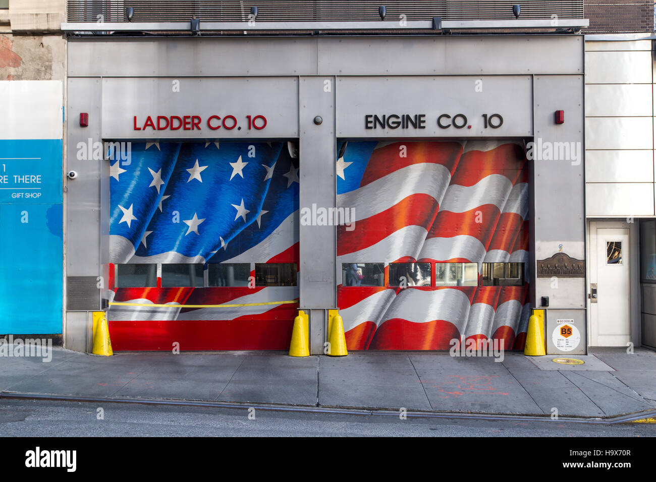 New York, United States of America - November 18, 2016: FDNY Engine 10 and Ladder 10 Firehouse across from World Trade Center site and the 9-11 Memori Stock Photo