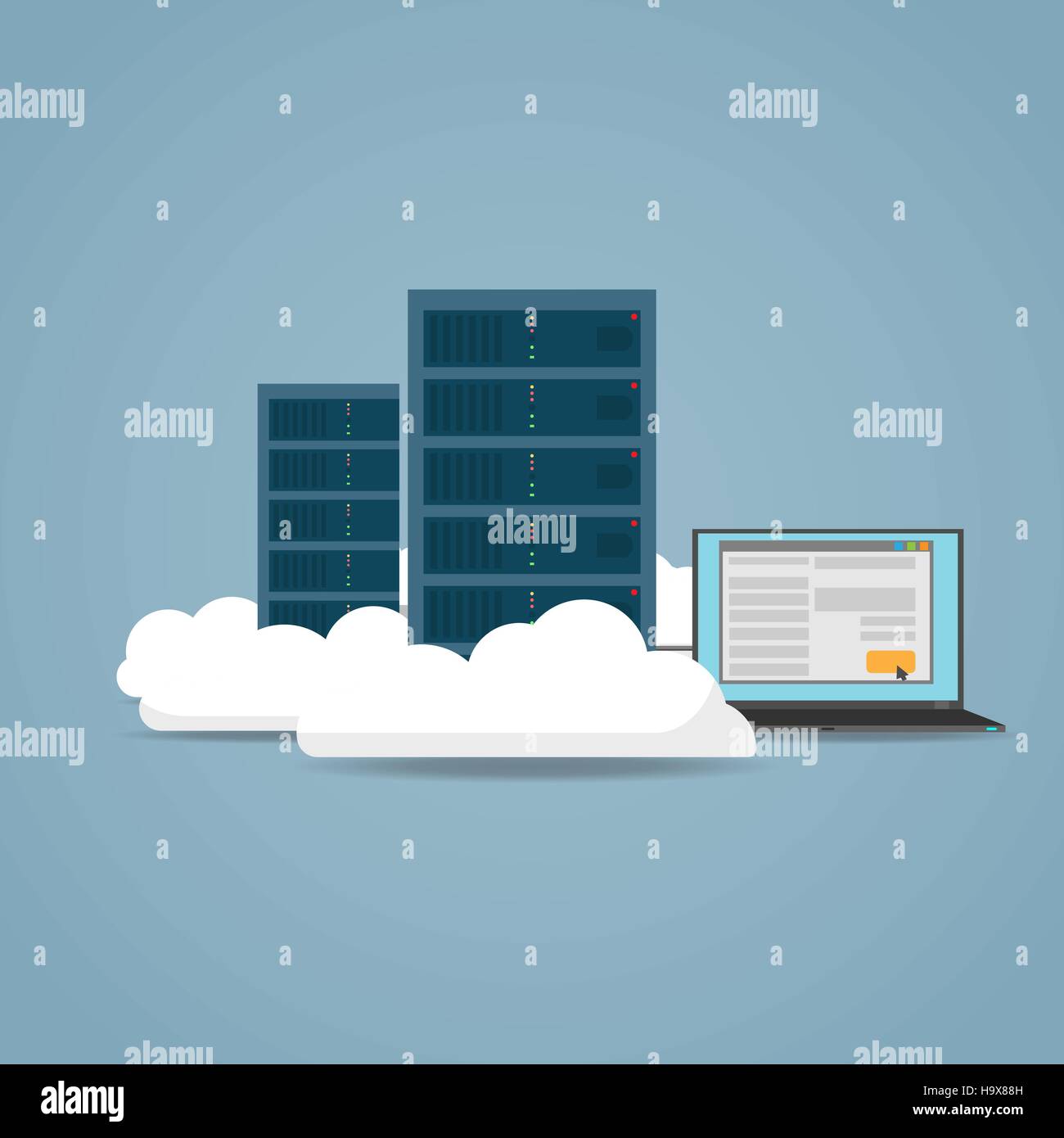 Cloud computer concept. Servers connected to laptop for settings. Stock Vector