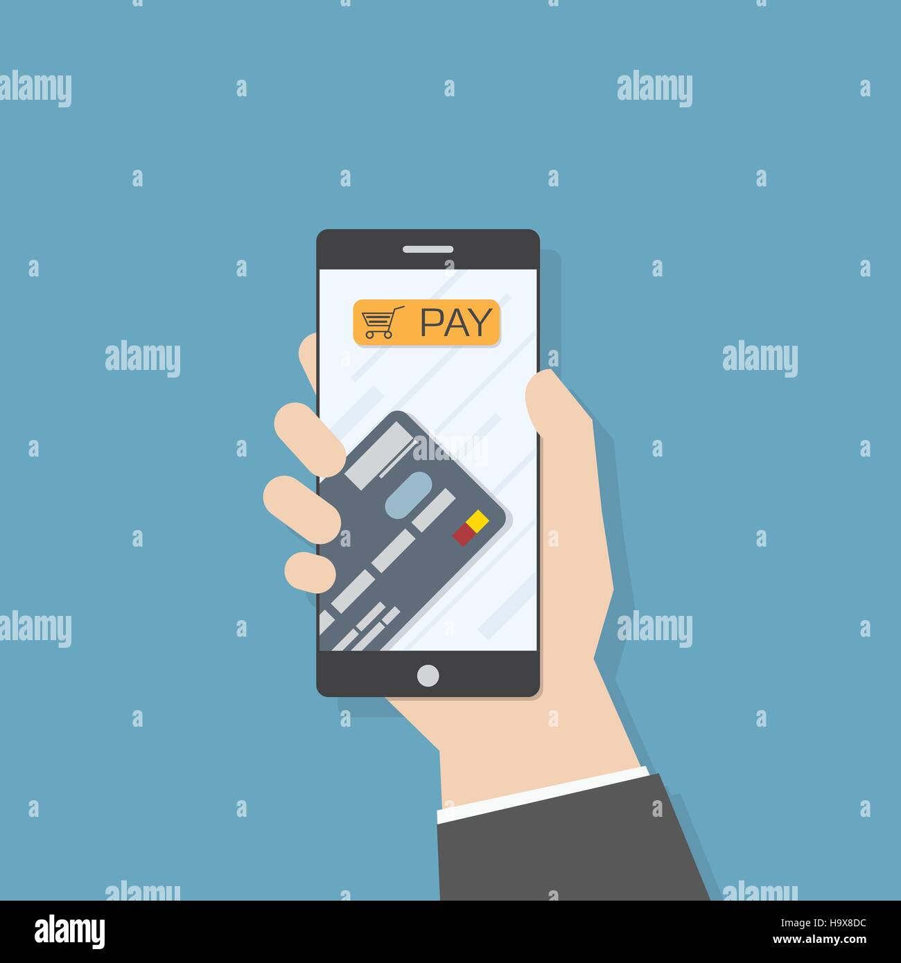 Simple flat illustration. Hand holding smartphone with credit card and pay button. Phone application template. Stock Vector
