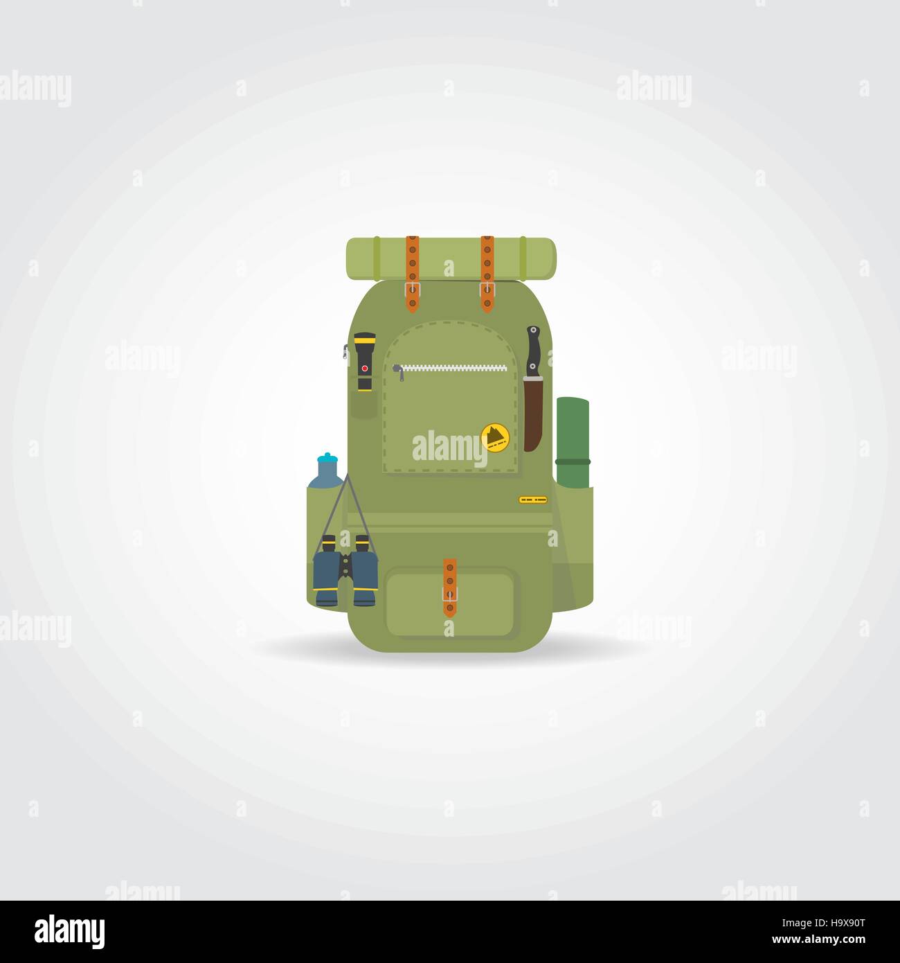 Flat illustration. Green isolated traveler backpack with accessories. Stock Vector