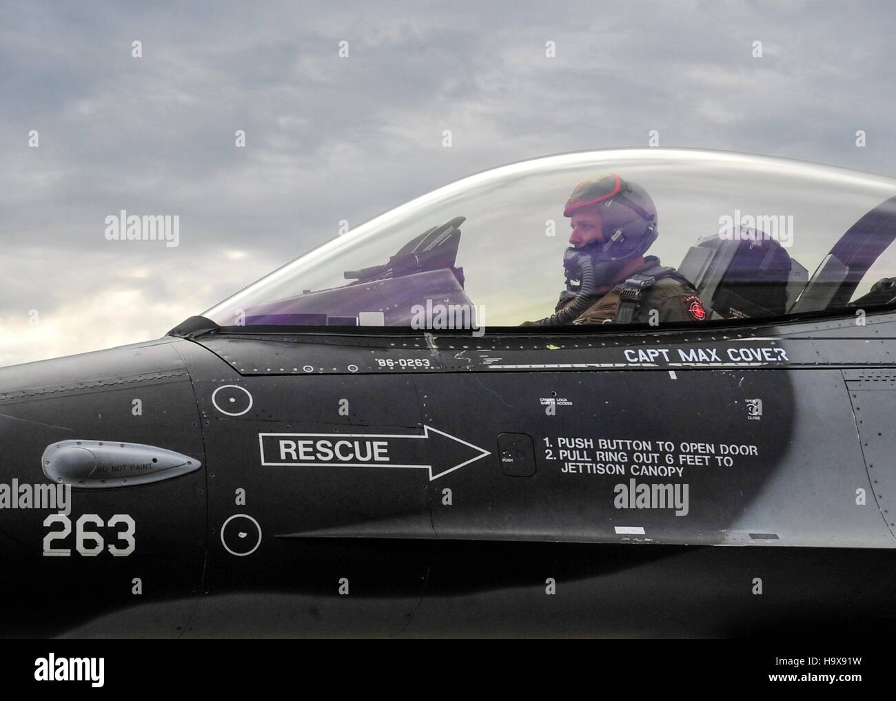 An F-16 Fighting Falcon multi-role fighter aircraft taxis on the runway during exercise Red Flag-Alaska at the Eielson Air Force Base May 16, 2014 near Moose Creek, Alaska. Stock Photo