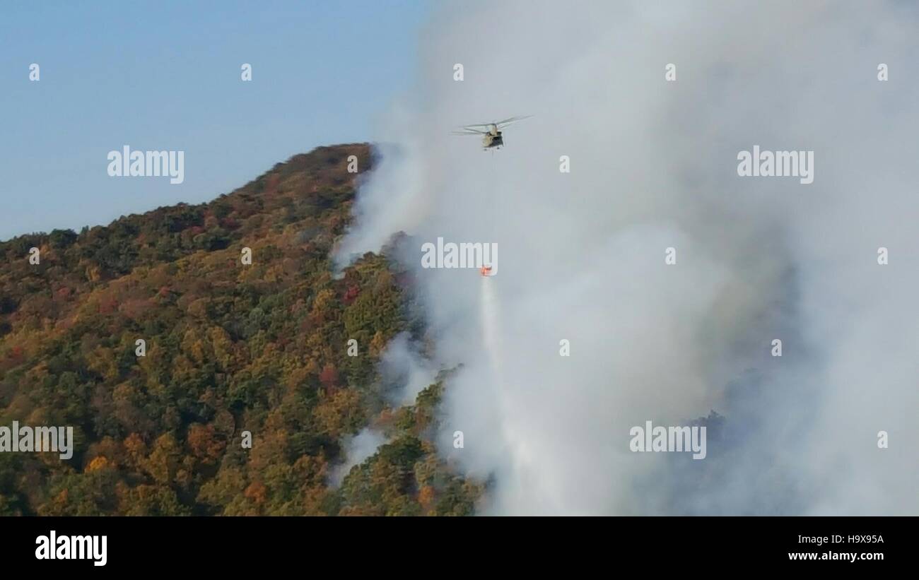 A South Carolina Army National Guard CH-47 heavy-lift helicopter dumps water from Bambi Buckets on a remote forest fire near the top of Pinnacle Mountain November 10, 2016 near Pickens, South Carolina. Stock Photo