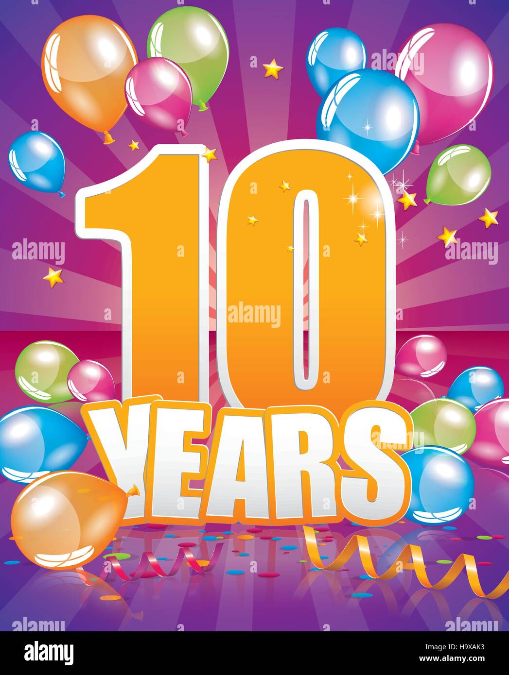 10 years birthday card full vector elements Stock Vector