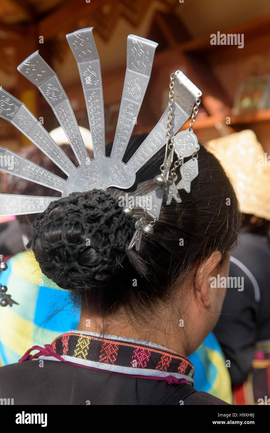 Woman With Silver Headdress Village Binlang Of Li And Miao Minorities Near Sanya Hainan Island China Stock Photo Alamy