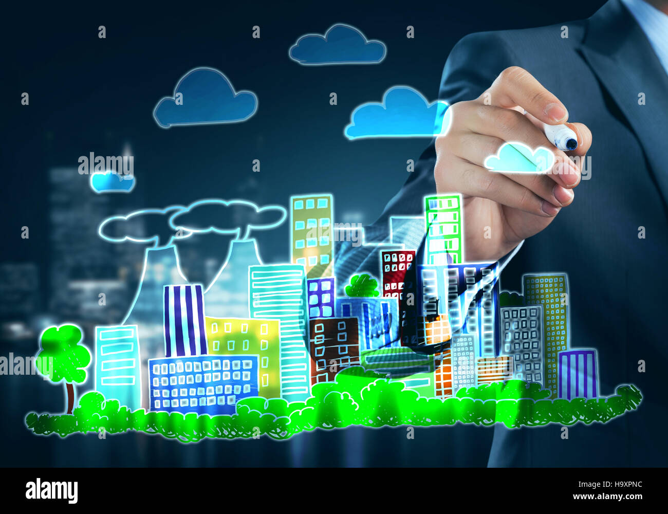 Close view of engineer man drawing with marker buildings on screen ...