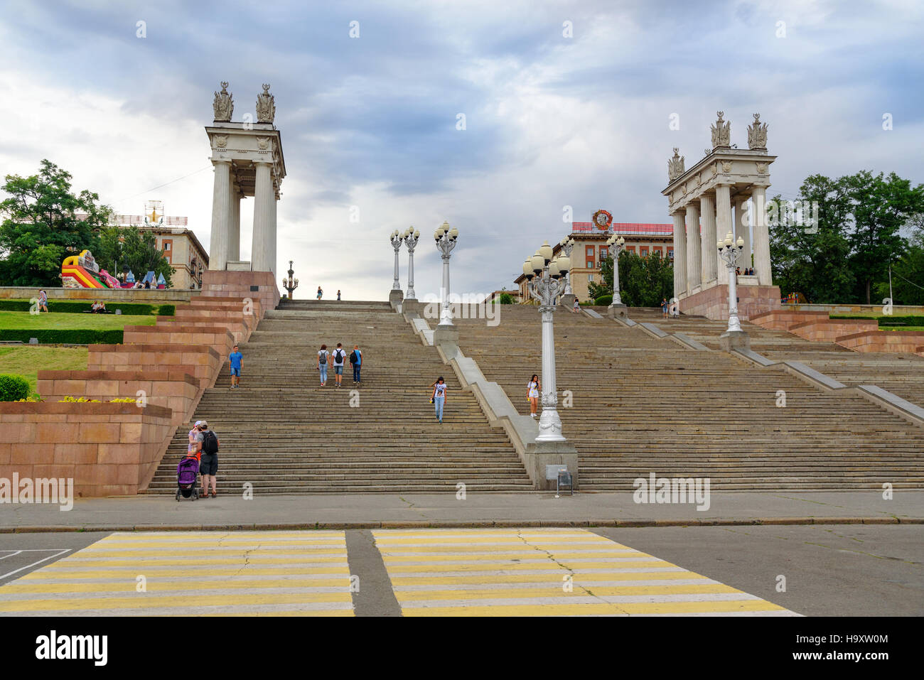 Central embankment. View staircase and the architectural gates. Volga river banks. Volgograd, Russia Stock Photo
