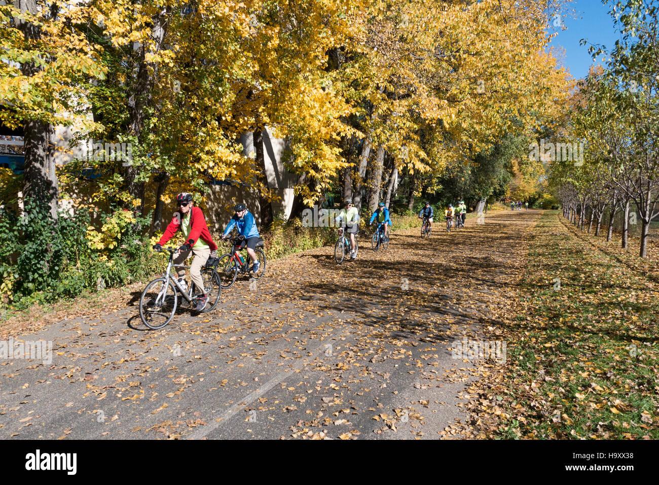 Group of senior adults enjoying an autumn bicycle ride along the Cedar Lake Regional Trail. St Louis Park Minnesota MN USA Stock Photo