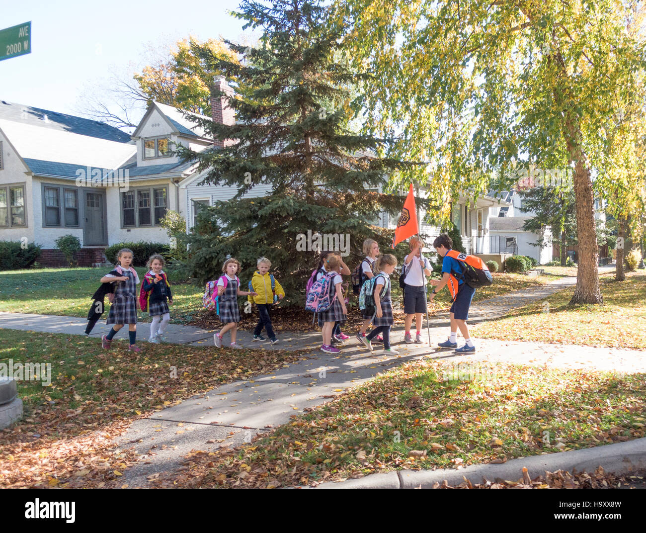 Young children lining up behind school patrol to guide them across street. St Paul Minnesota MN USA Stock Photo