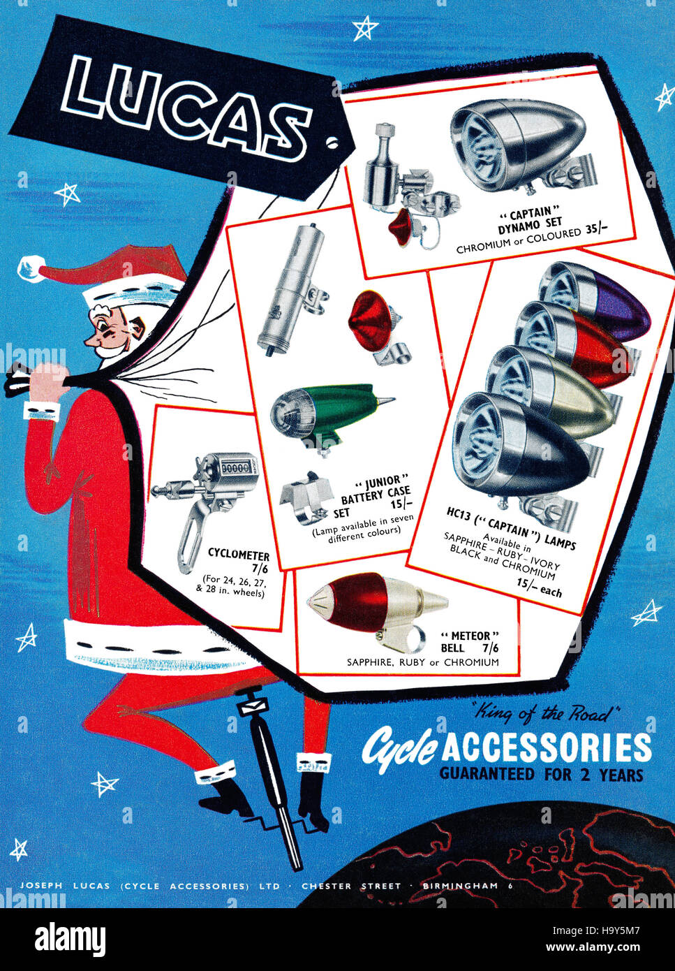 1960 British advertisement for Lucas bicycle accessories Stock Photo