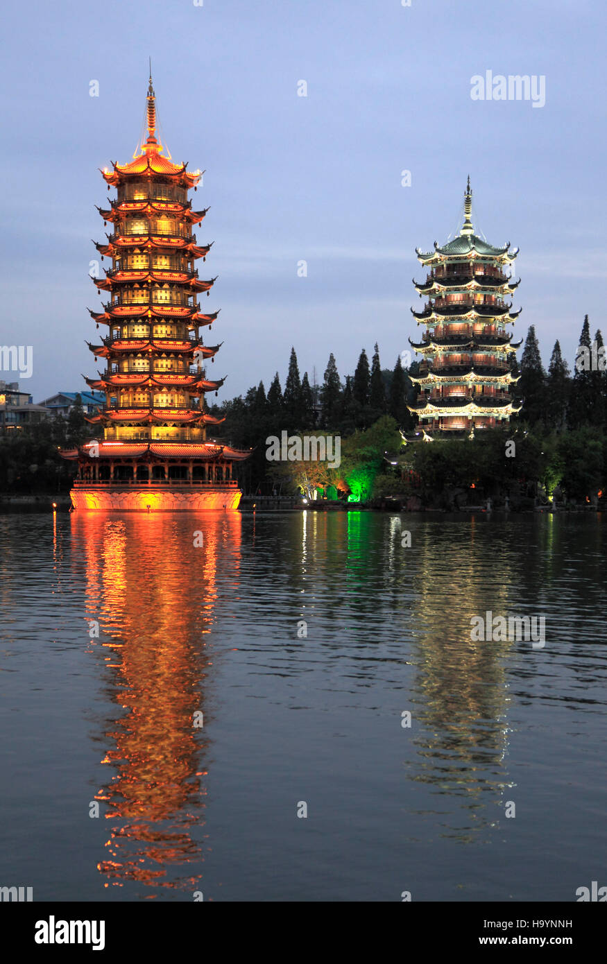 China, Guangxi, Guilin, Sun & Moon, Twin Pagodas, Shan Lake, Stock Photo