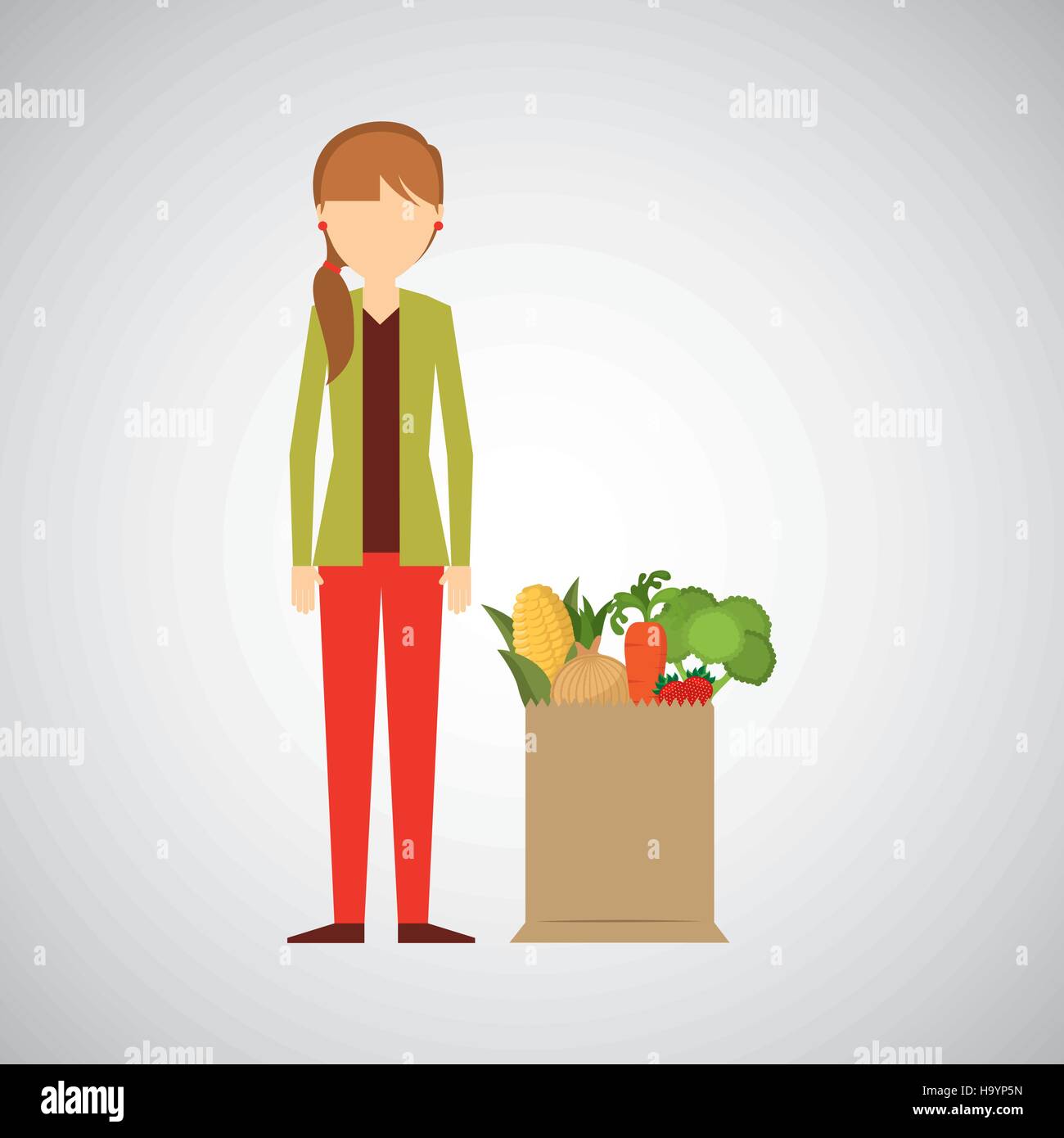 cartoon girl tail hair grocery bag vegetables vector illustration eps 10 Stock Vector