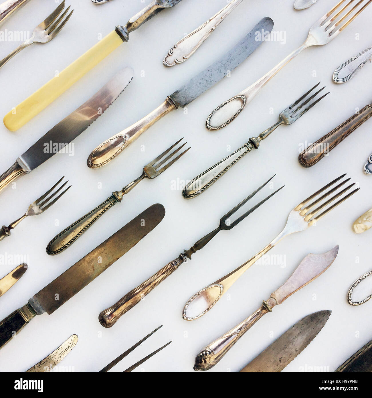 beautiful cutlery collection - old flatware set Stock Photo
