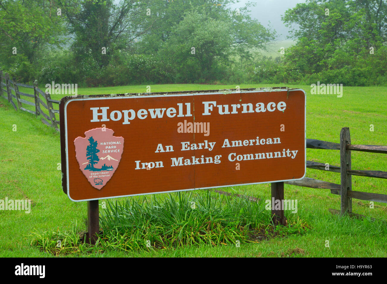 Entrance sign, Hopewell Furnace National Historic Site, Pennsylvania Stock Photo