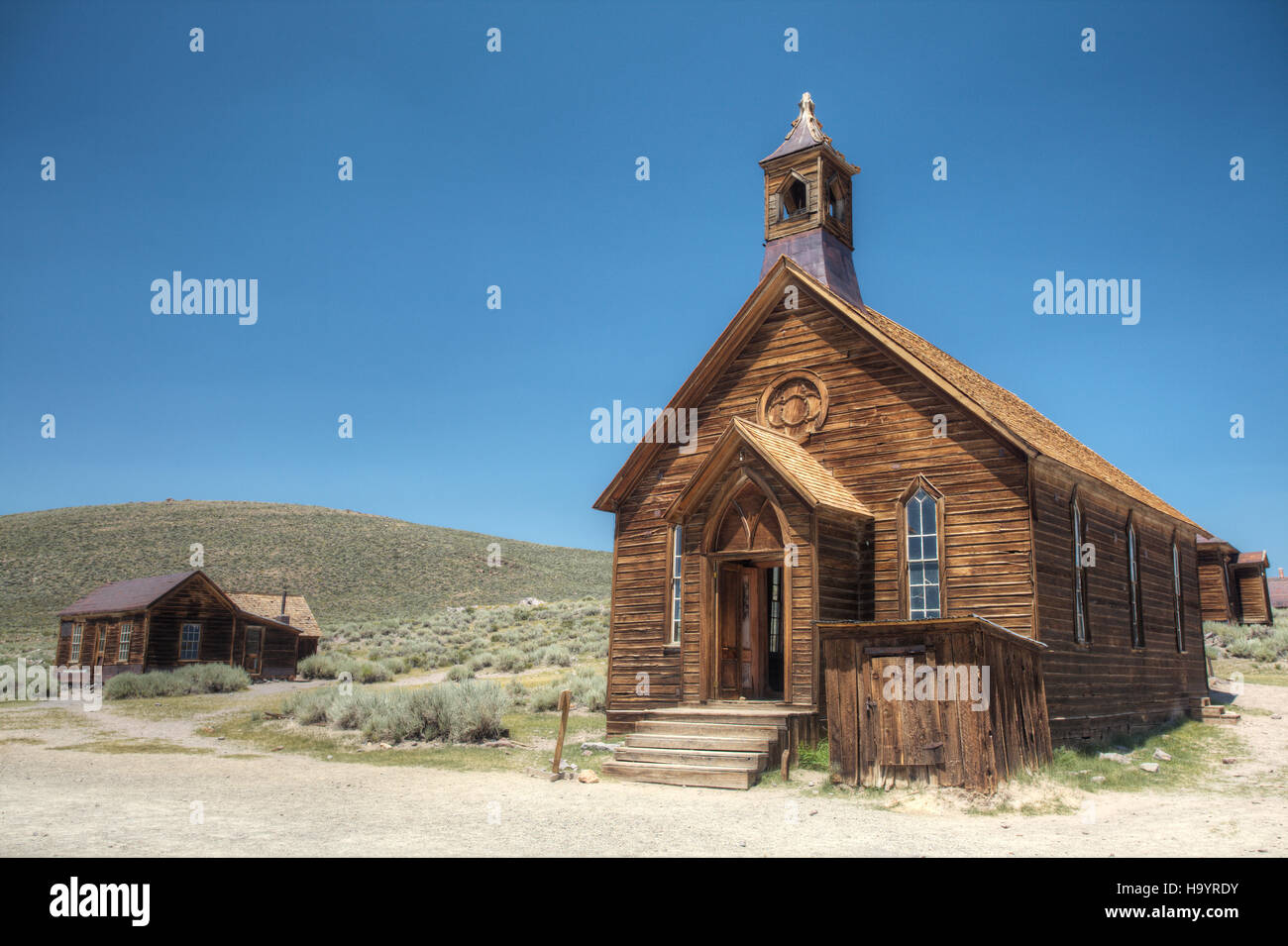 The Chapel in Bodie, a ghost town visitor attraction in California.  Bodie is maintained in a state of arrested repair, maintained in a stable state t Stock Photo