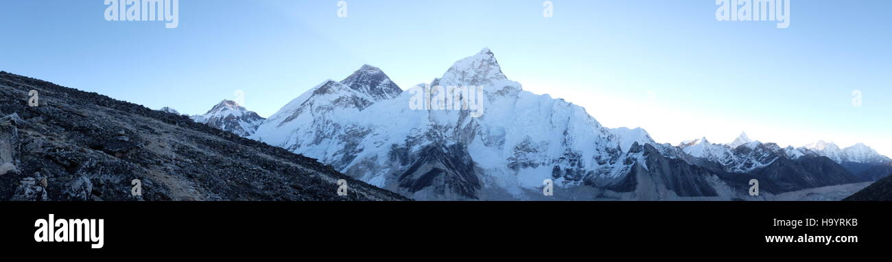 panoramic view showing everest (black mountain in middle to the left) from kala patthar, nepal Stock Photo