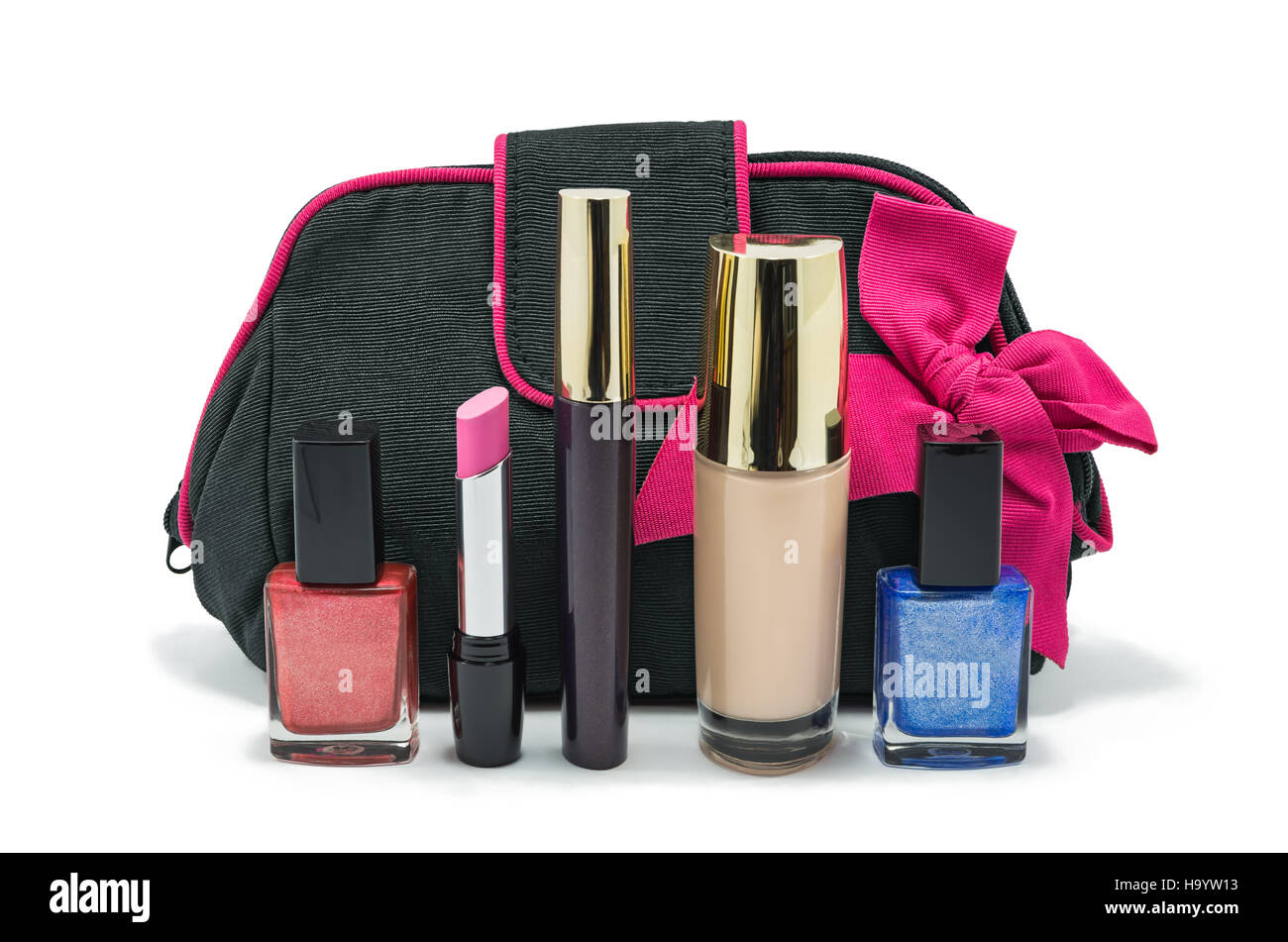 Black bag for cosmetics and accessories with a pink bow and a set of