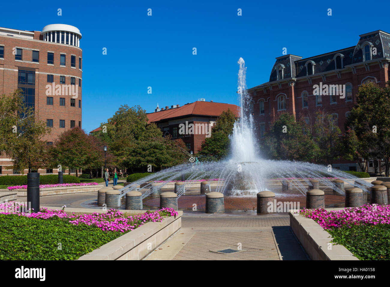 Loeb Fountain, Purdue University campus with Beering Hall left, University Hall right, West Lafayette, Indiana, United States Stock Photo