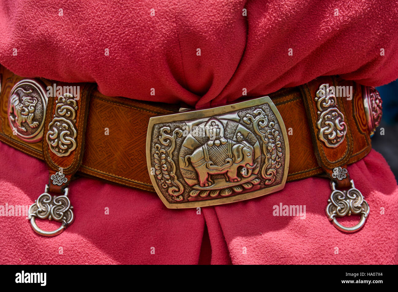Mongolia, Bayankhongor province, traditional belt in silver Stock Photo