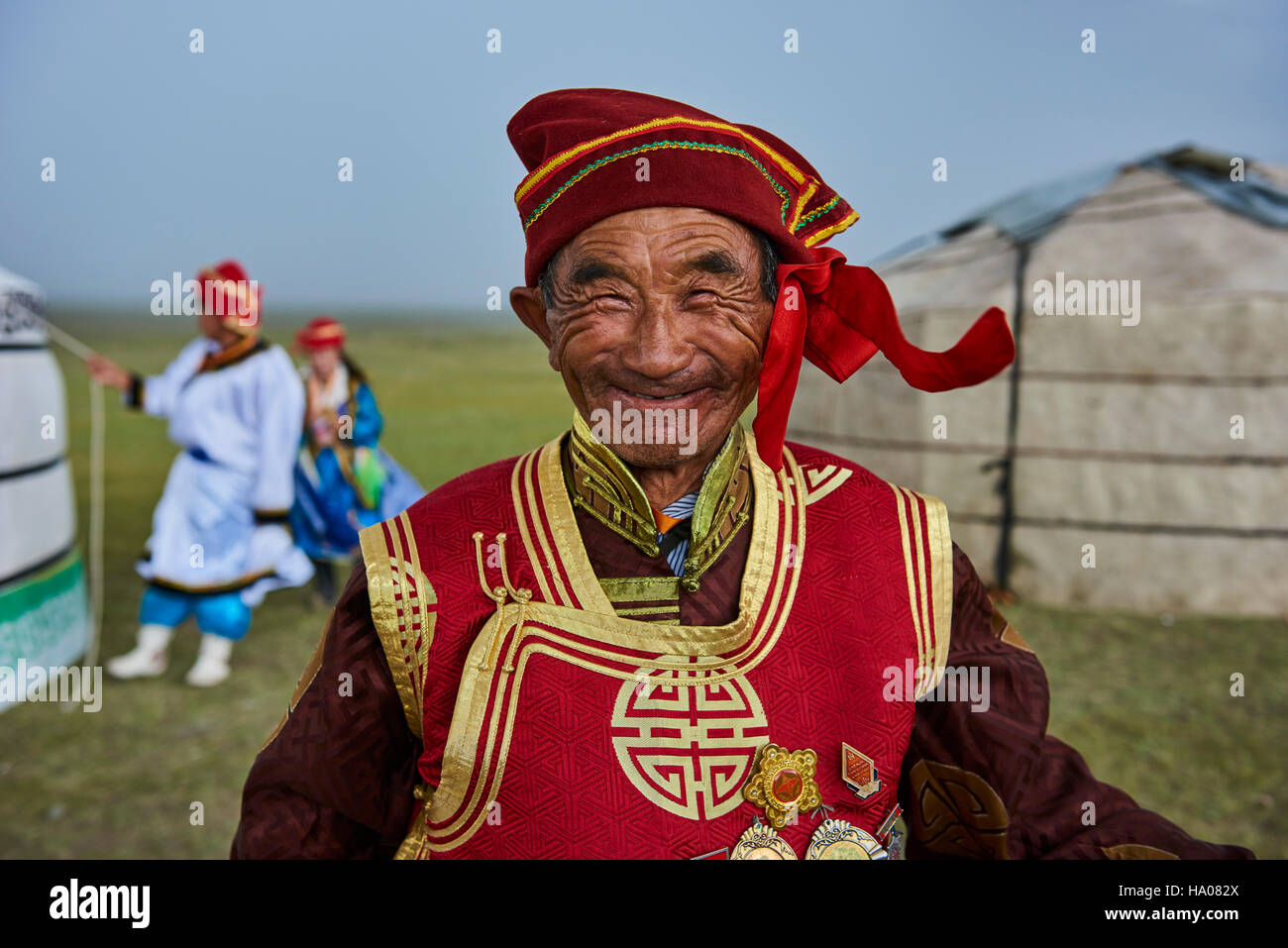 Mongolia, Uvs province, western Mongolia, nomad wedding in the steppe, portrait of an old man from Dorvod ethnic group Stock Photo