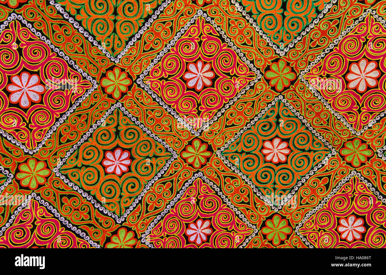 Mongolia, Bayan-Ulgii province, western Mongolia, nomad camp of Kazakh people in the steppe, textile with the pattern decorating the yurt Stock Photo