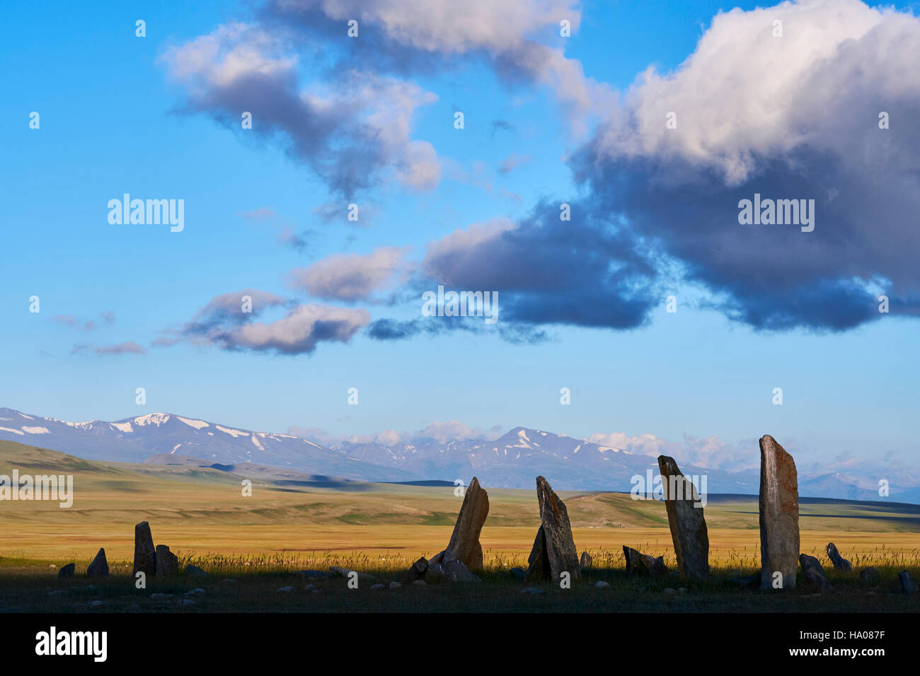 Mongolia, Bayan-Ulgii province, western Mongolia, National parc of Tavan Bogd, deer stone, funeral site, monolithic monument Stock Photo