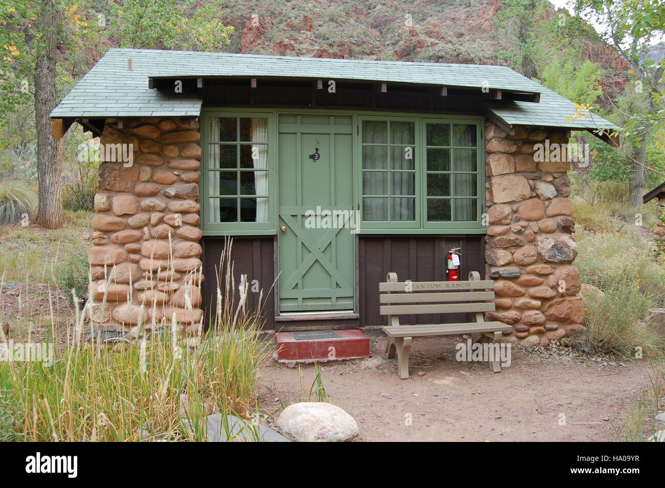 This image shows the iconic Phantom Ranch cabin located at the bottom ...