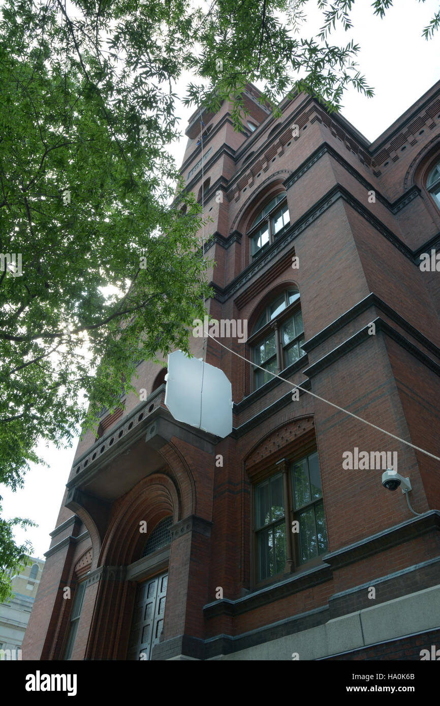 The U.S. Department of Agriculture showcases an art installation featuring a clock, symbolizing the relationship between time, nature, and conservation in forest management. Stock Photo
