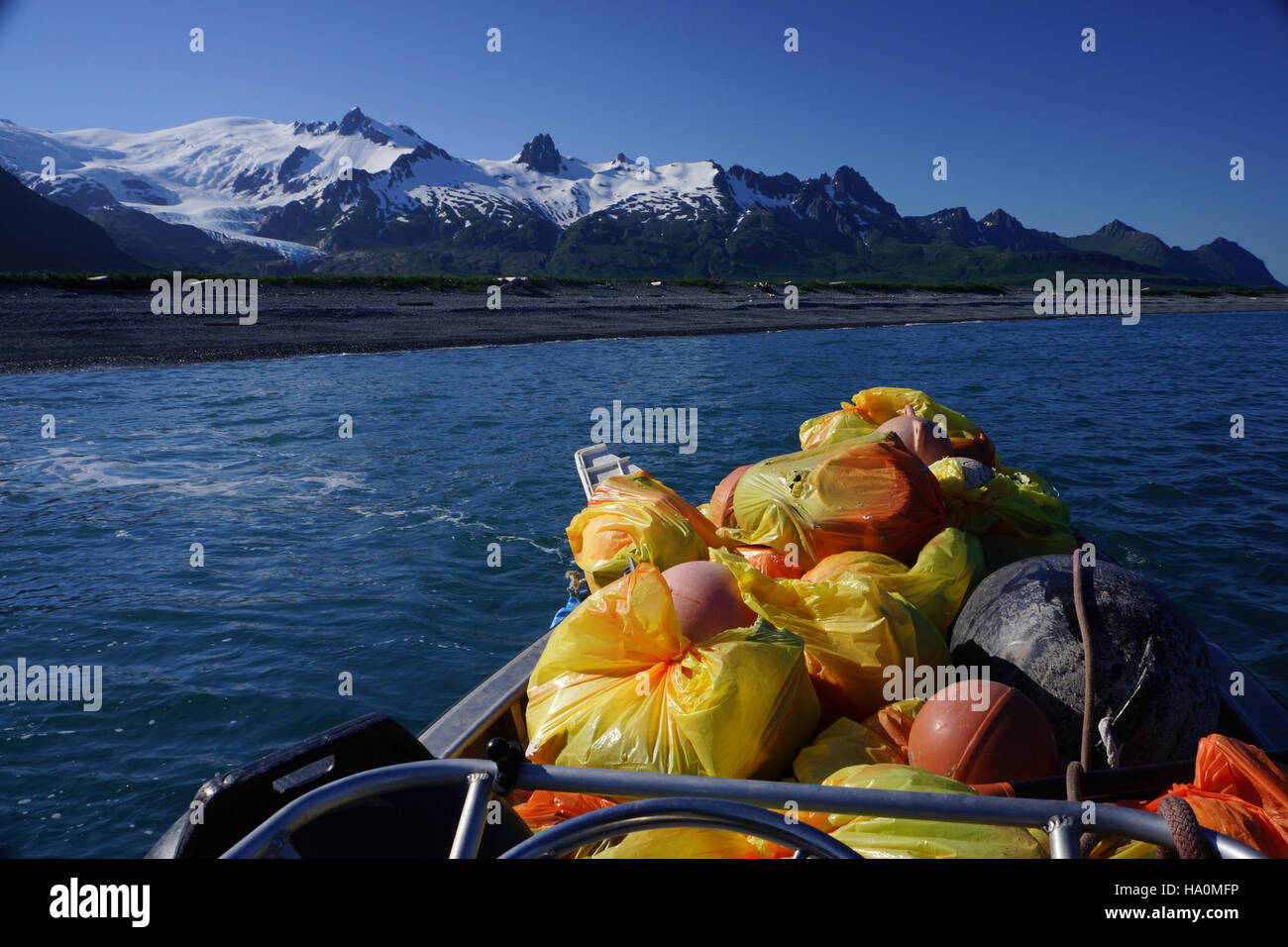 The Landing Craft at Katmai National Park is a critical component of transportation in the park, often used for accessing remote areas for research and conservation efforts. The park is known for its diverse ecosystems and wildlife protection programs. Stock Photo