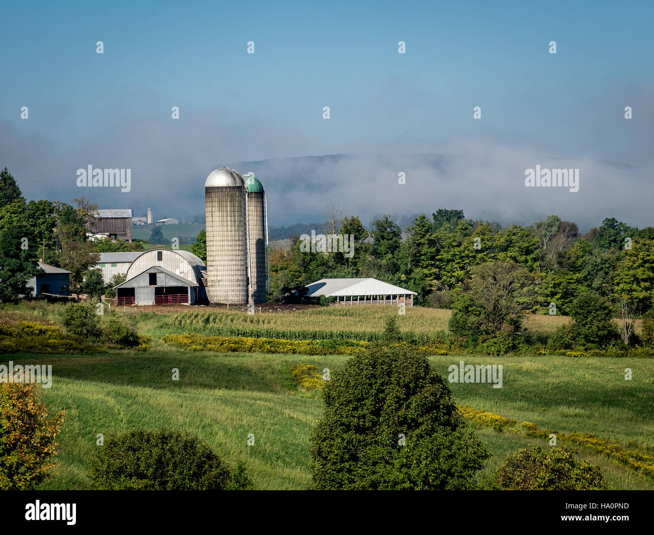 Idyllic farm scene with barn and two silos in north eastern
