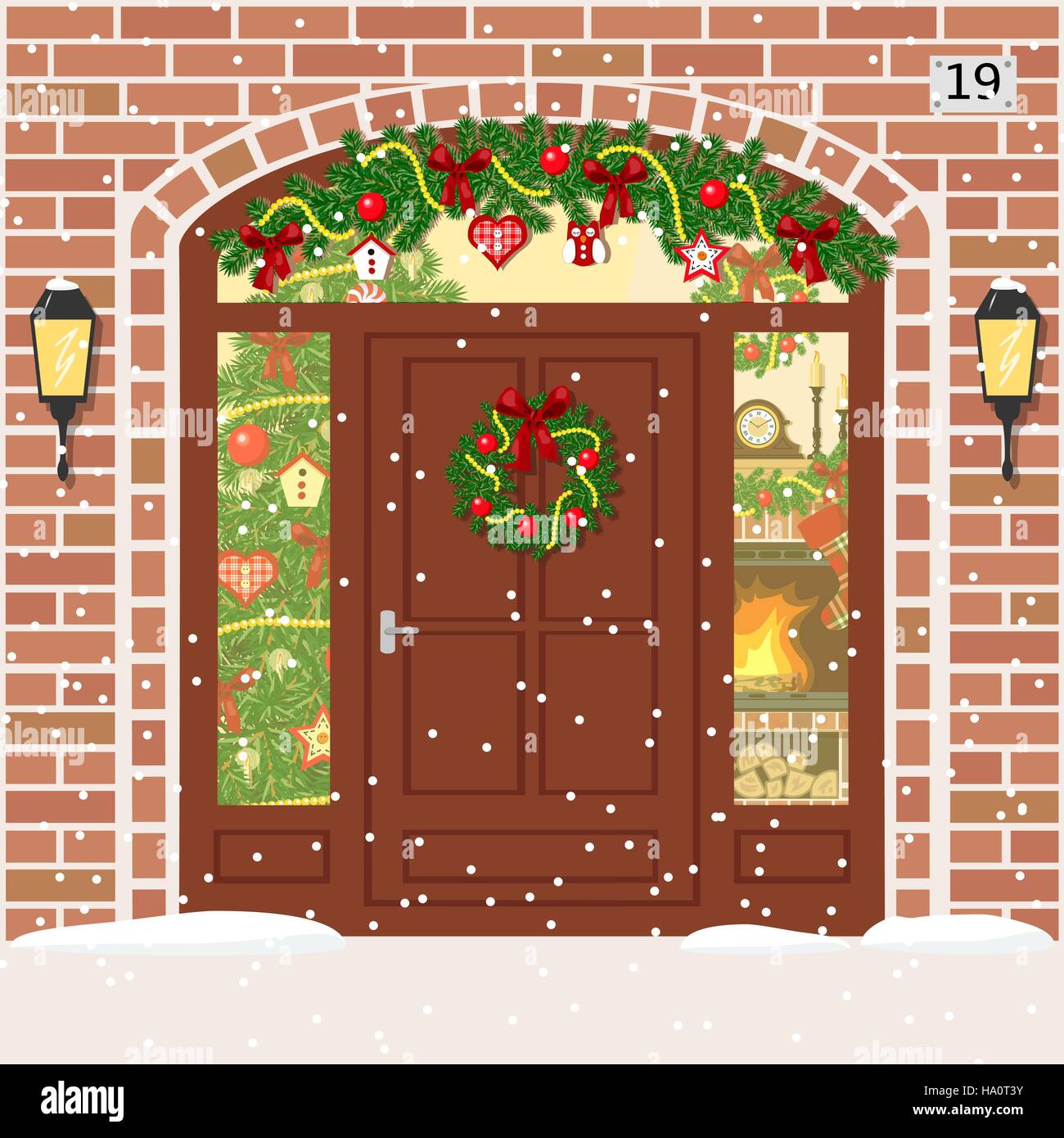 Christmas decorated and Illuminated door, house entrance with Sidelight Window, garland, wreath. Facade of red bricks with xmas tree, snowflakes, fire Stock Vector