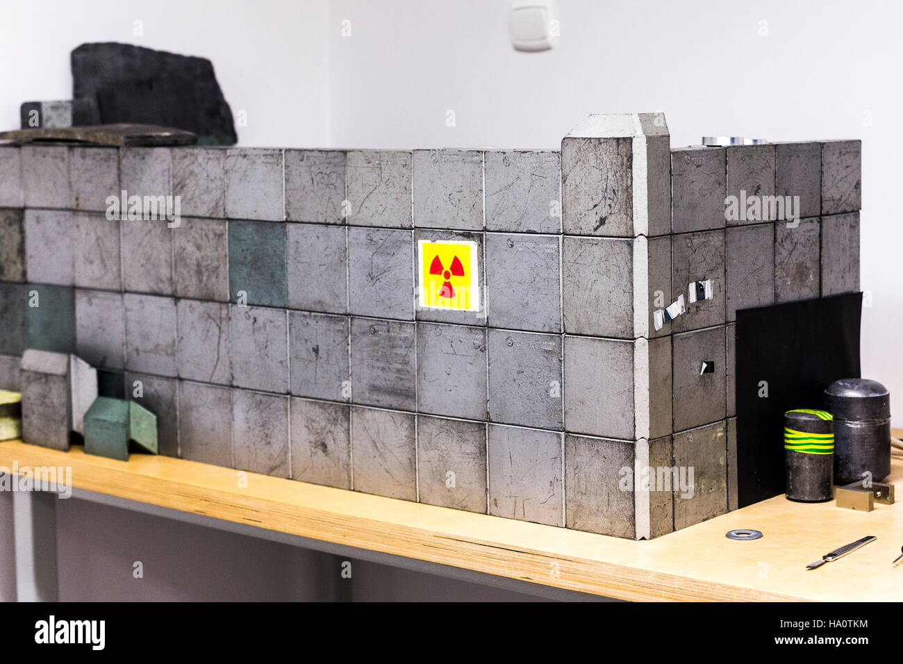 Lead wall build to absorb ionizing radiation from Mossbauer Spectrometer in the Department of Materials Science at the Institute of Nuclear Physics at Stock Photo
