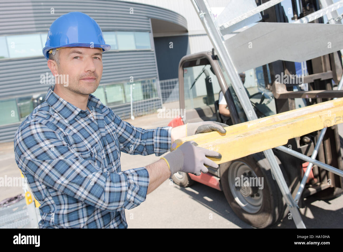 Worker loading wood on to forklift Stock Photo