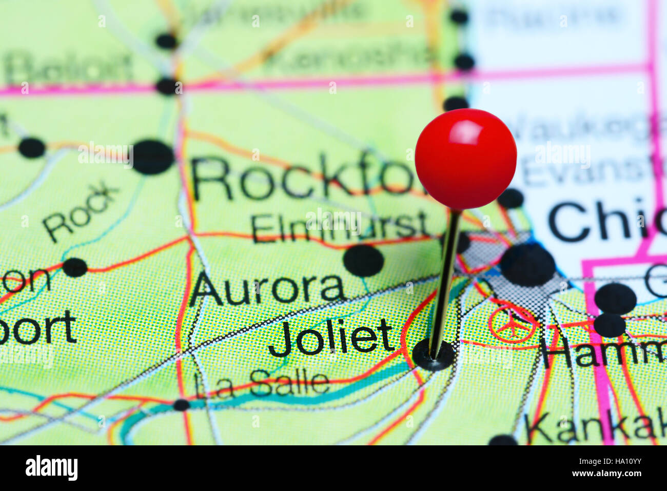 Joliet pinned on a map of Illinois, USA Stock Photo