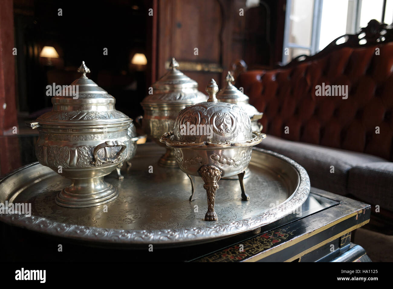 Silver Moroccan teapot set, Marrakesh Stock Photo
