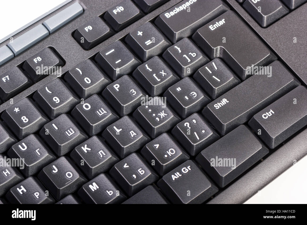 Electronic collection - close-up black computer keyboard with russian letter and key enter Stock Photo