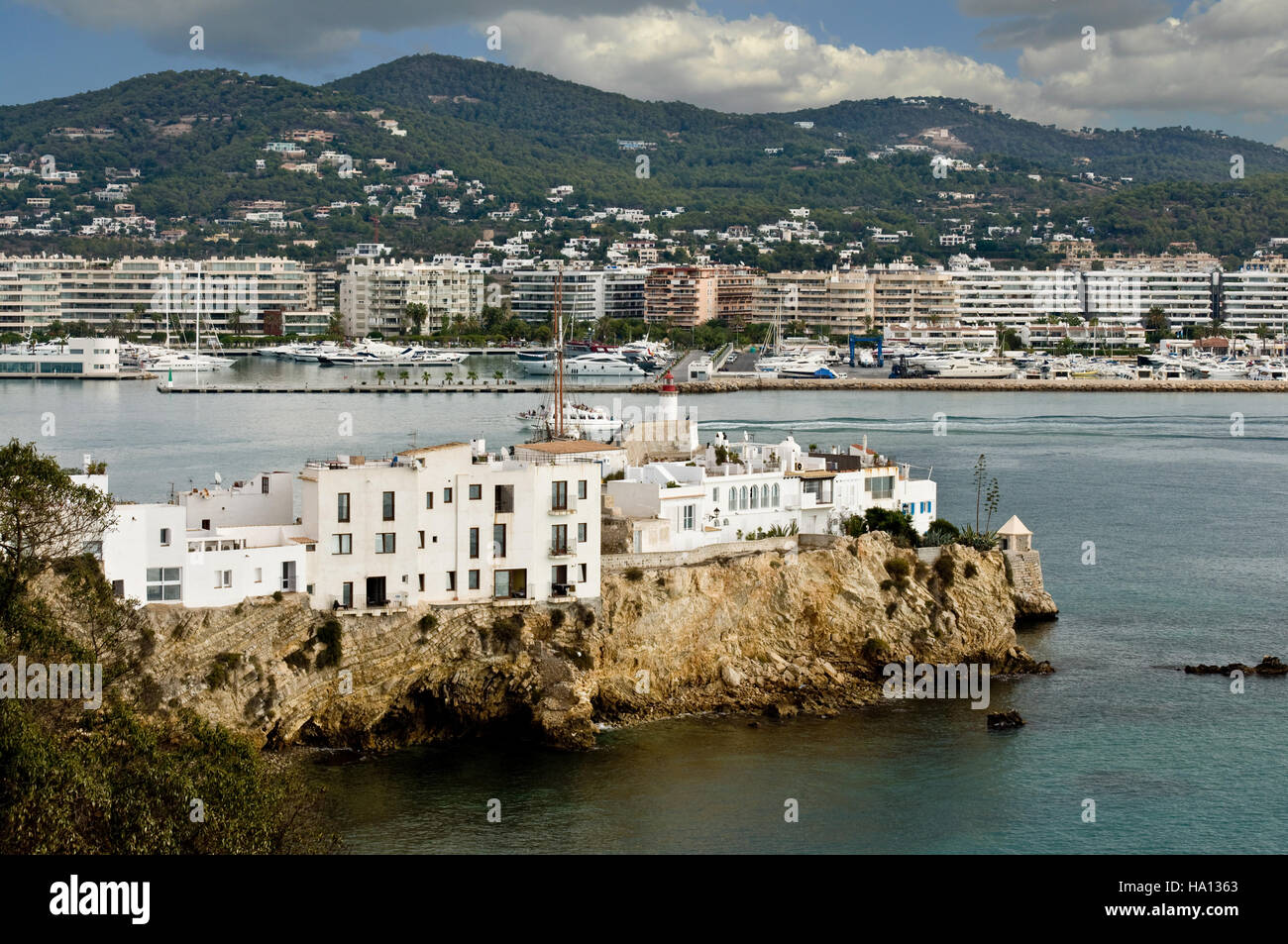 Panoramic view of the old city of Eivissa (Ibiza) in the background with the new city Stock Photo