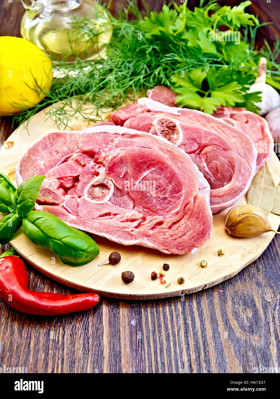 Steak meat raw turkey with pepper, basil, lemon and garlic, vegetable