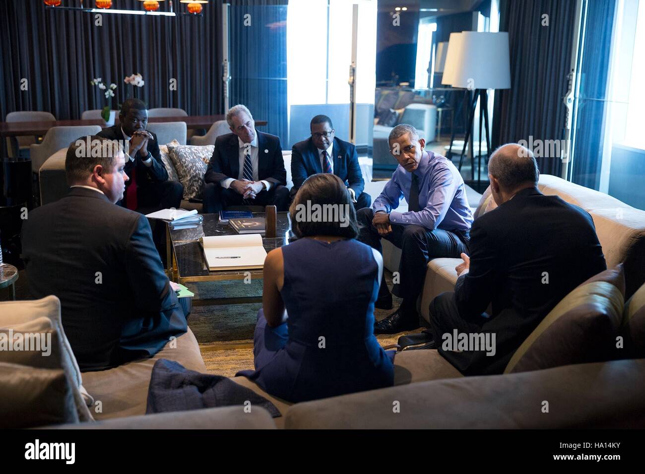 U.S. President Barack Obama meets with senior staff at the JW Marriott Hotel Lima November 19, 2016 in Lima, Peru. Stock Photo