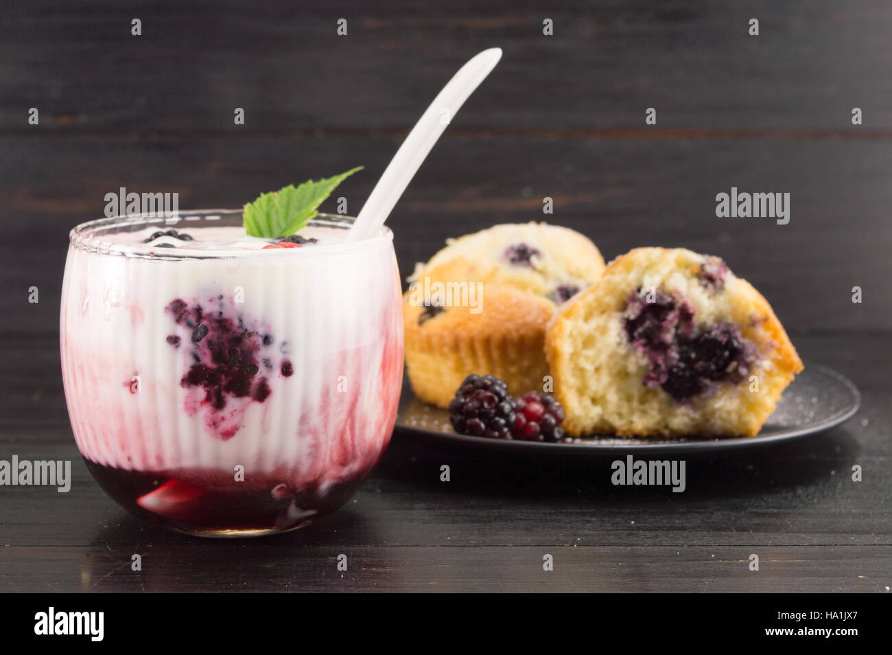 Homemade blackberry parfait and muffins Stock Photo