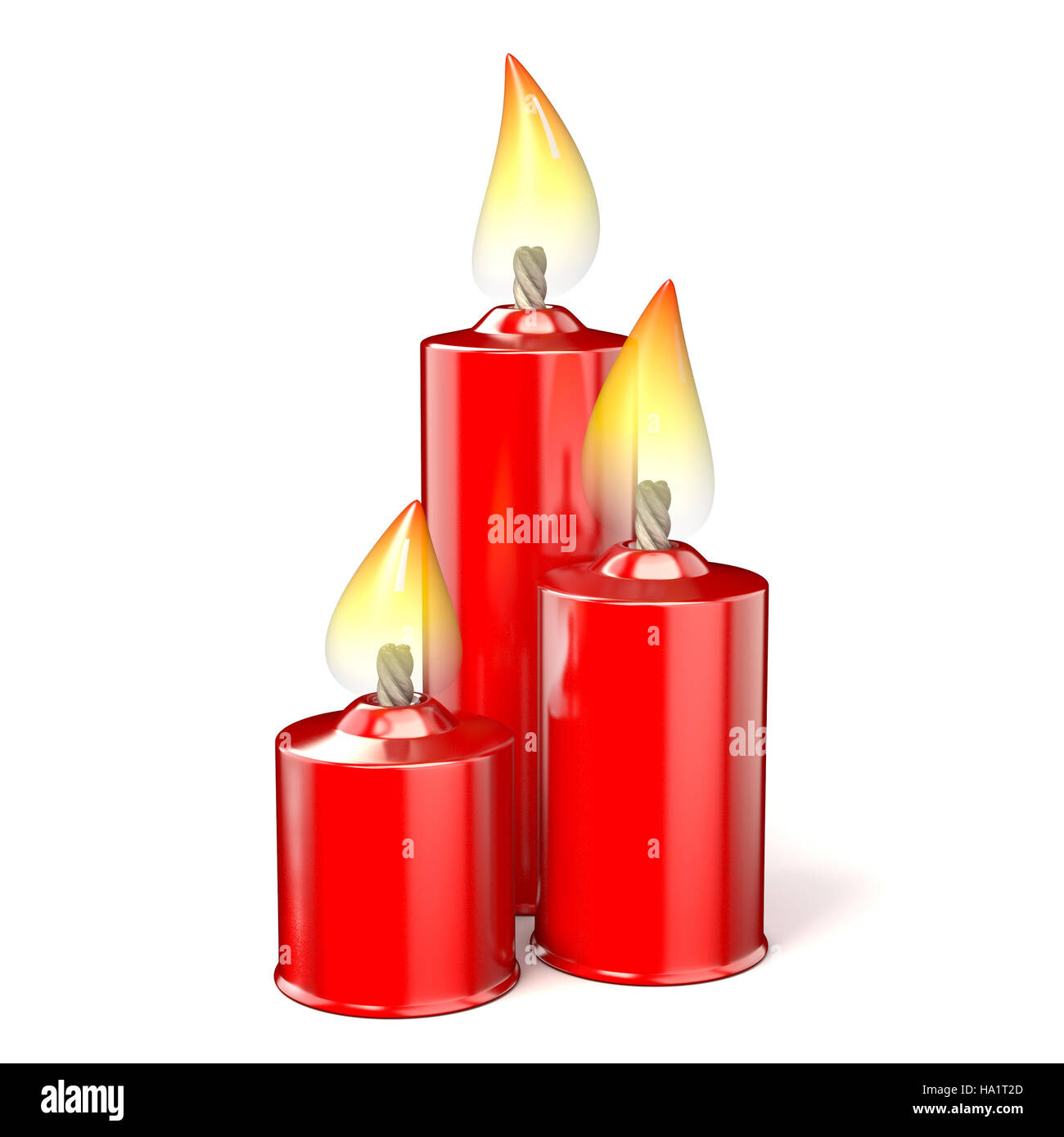 Three red candles. 3D render illustration isolated on white background