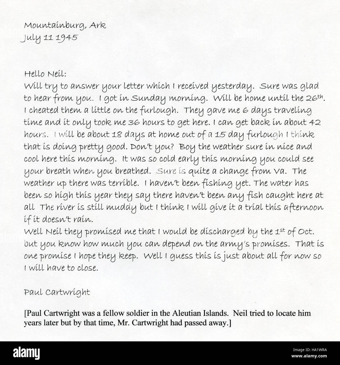 A historic letter from 1945, written by Cartwright and addressed to ...