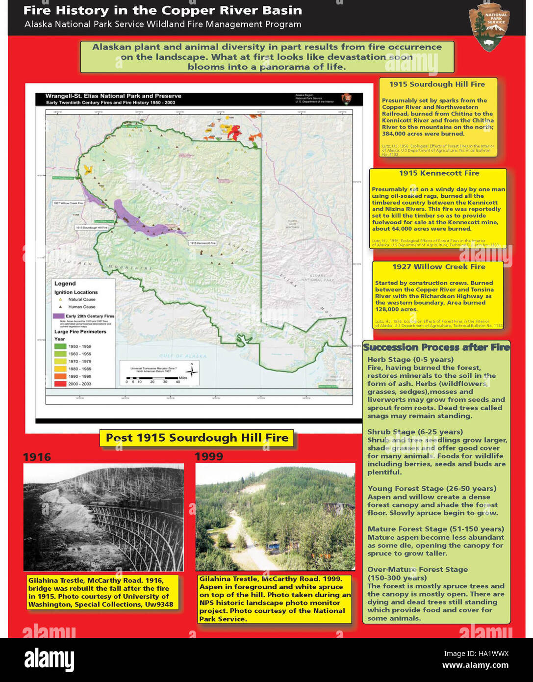 The Copper River Fire History Poster highlights the impact of wildfires in the Copper River region, focusing on fire history, fire behavior, and ecological restoration efforts. It provides a visual guide to the natural role of fire in maintaining the ecosystem's balance, and how fire management is integrated into national park conservation practices. Stock Photo