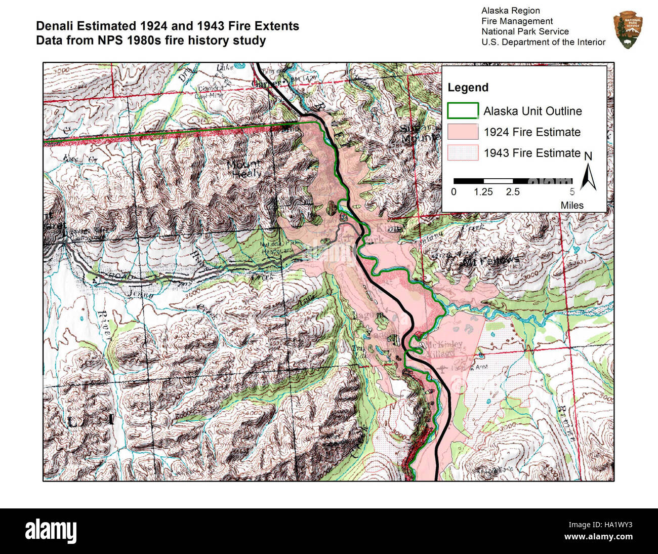 This map highlights the fire history in Denali National Park, showcasing past fire events and their role in shaping the park's ecosystems. Fire plays an important ecological role in maintaining the health and diversity of natural habitats. Stock Photo