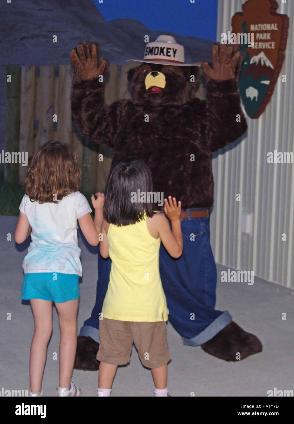 badlandsnationalpark 9370719319 Service First; Smokey Bear from the US Forest Service Visits Badlands National Park, Greets Children Stock Photo