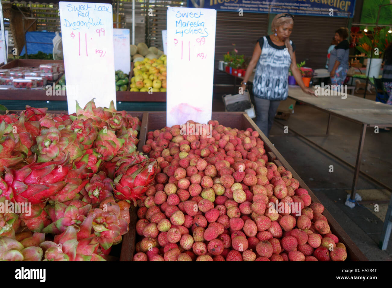 Locally-grown dragonfruit and lychees at Rusty's Markets, Cairns, Queensland, Australia. No PR or MR Stock Photo